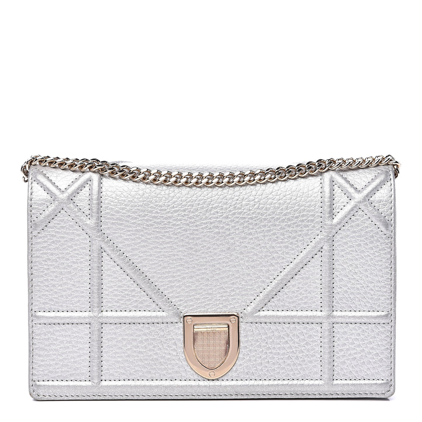 Metallic Grained Calfskin Diorama Wallet on Chain Pouch Silver