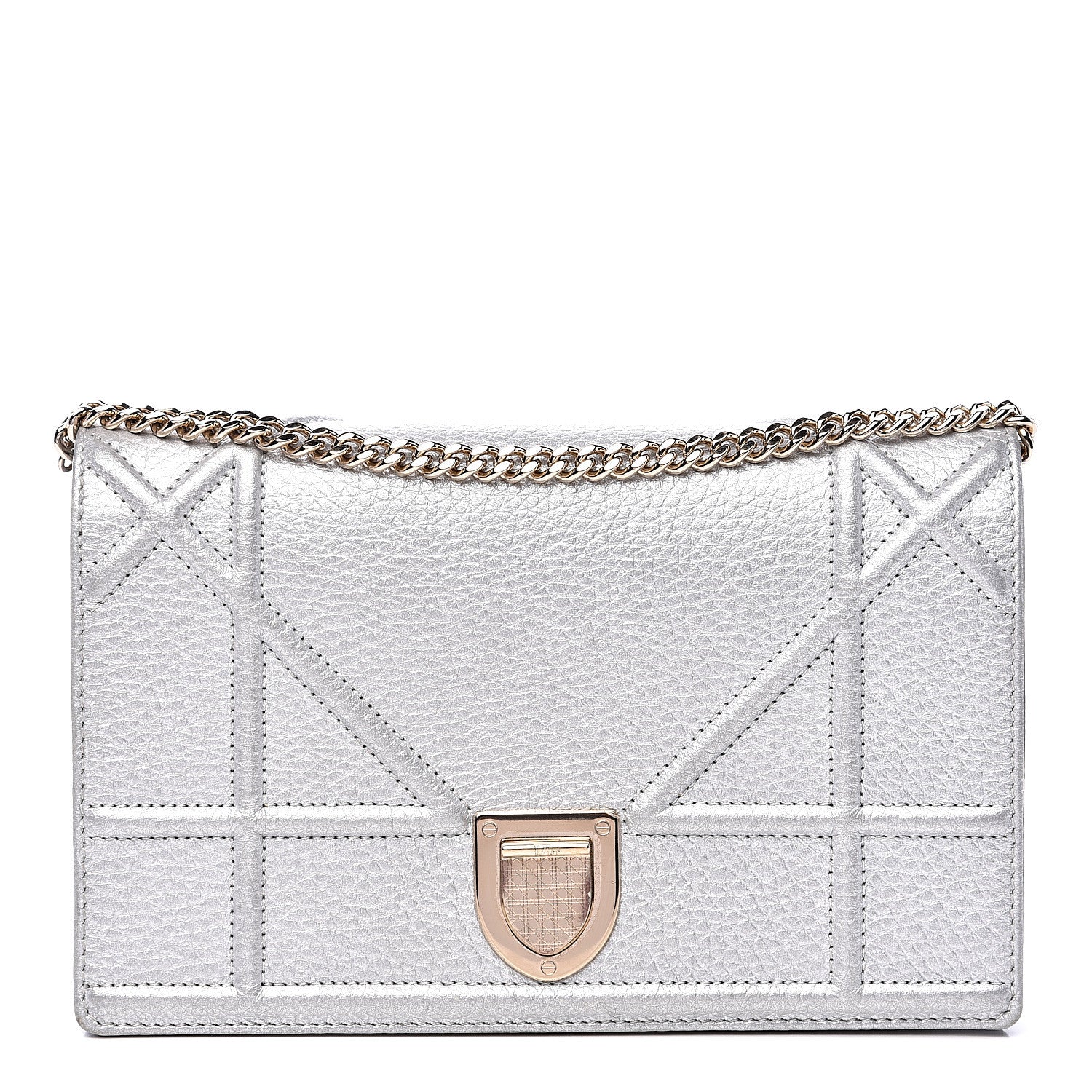 Christian Dior Metallic Grained Calfskin Diorama Wallet on Chain Pouch Silver 1 of 15