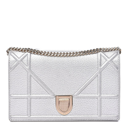 Christian Dior Metallic Grained Calfskin Diorama Wallet on Chain Pouch Silver 1 of 15