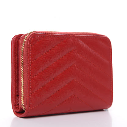 Saint Laurent Grain De Poudre Matelasse Chevron Monogram Compact Zip Around Wallet Red 3 of 9