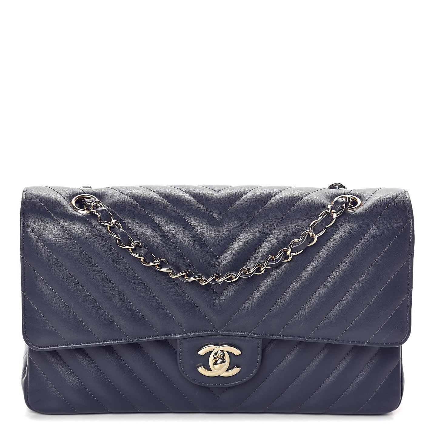 Lambskin Chevron Quilted Medium Double Flap Navy Blue