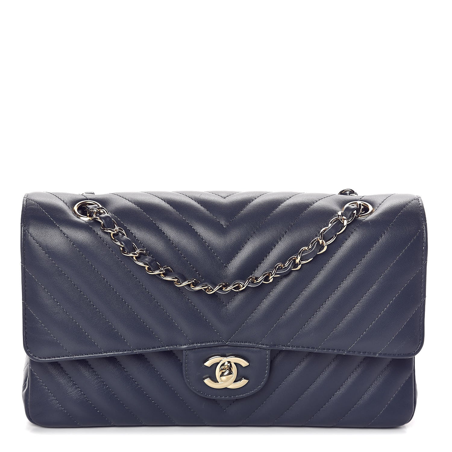 Chanel Lambskin Chevron Quilted Medium Double Flap Navy Blue 1 of 10