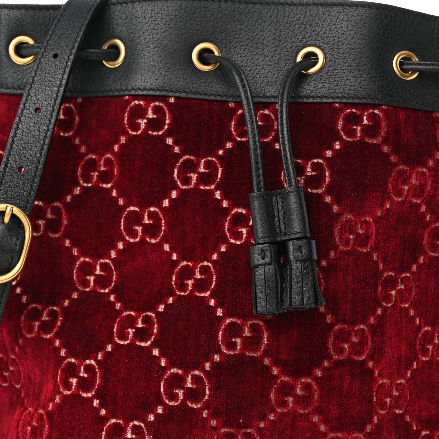 Velvet GG Monogram Textured Calfskin Web Bucket Bag Red Cipria Black