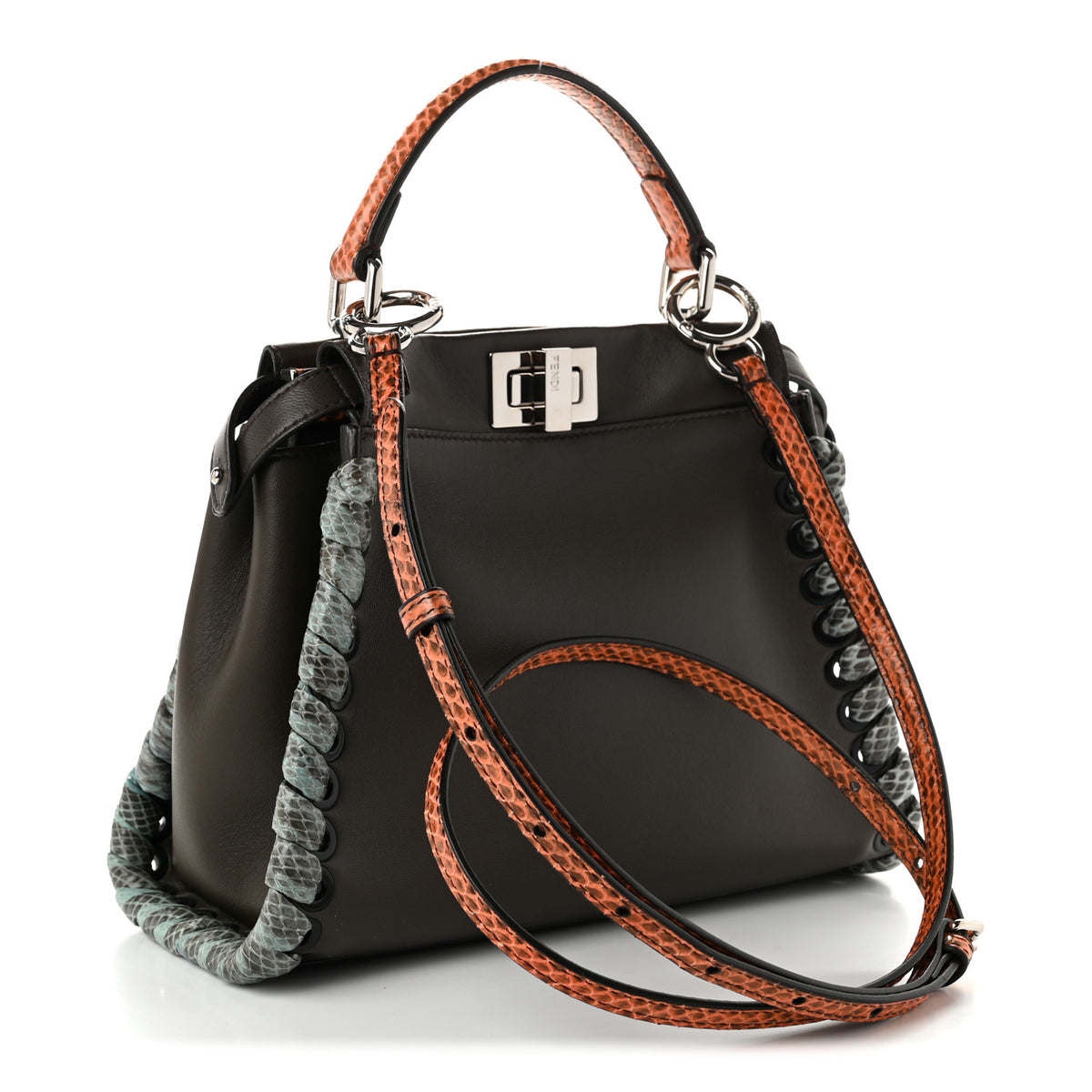 Calfskin Elaphe Lace Up Selleria Mini Peekaboo Iconic Satchel Verde Prato Arancio