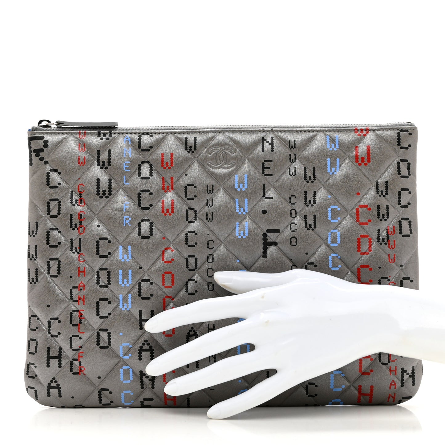 Metallic Lambskin Quilted Large Data Center Cosmetic Case Silver