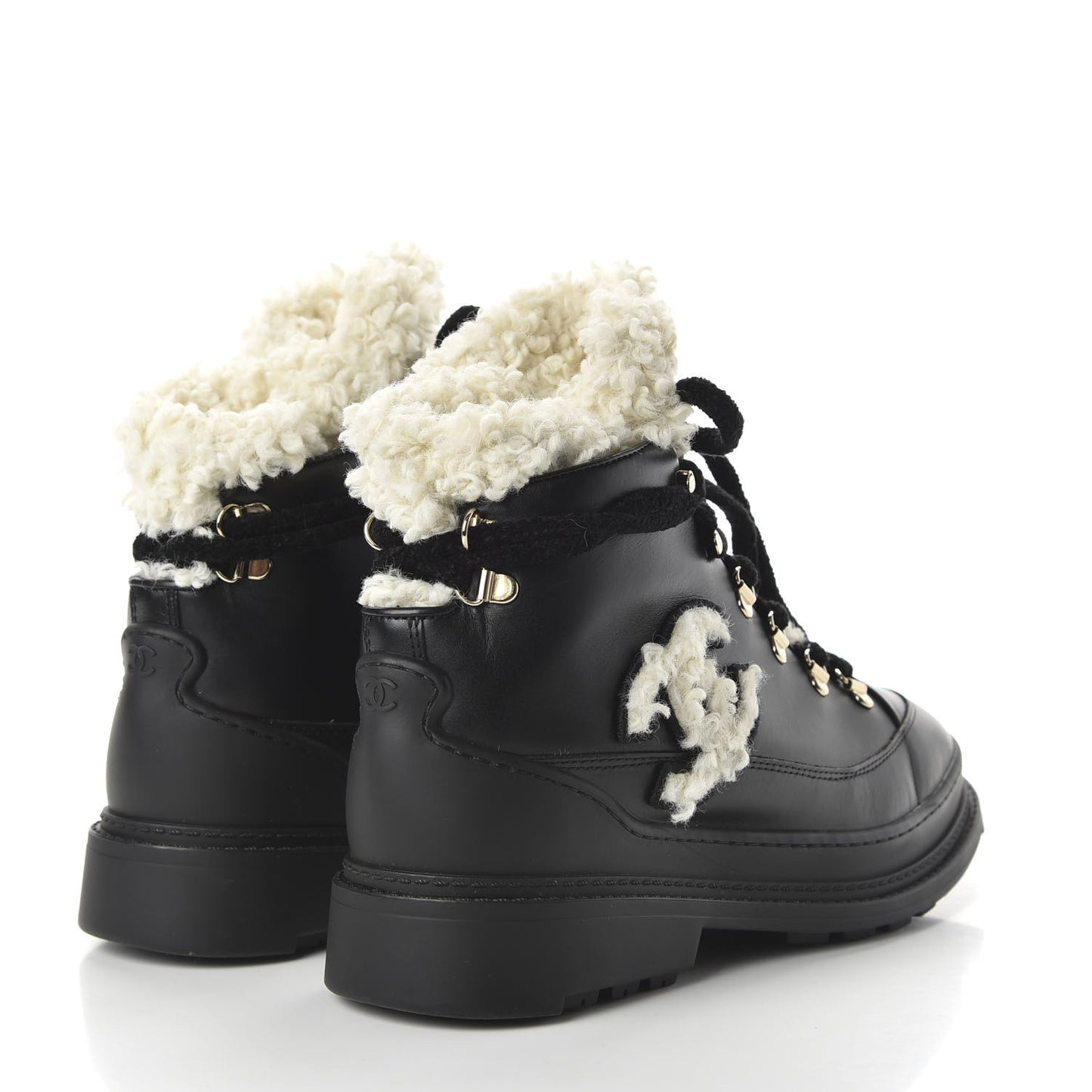 Calfskin Shearling CC Lace Up Boots 39.5 Black