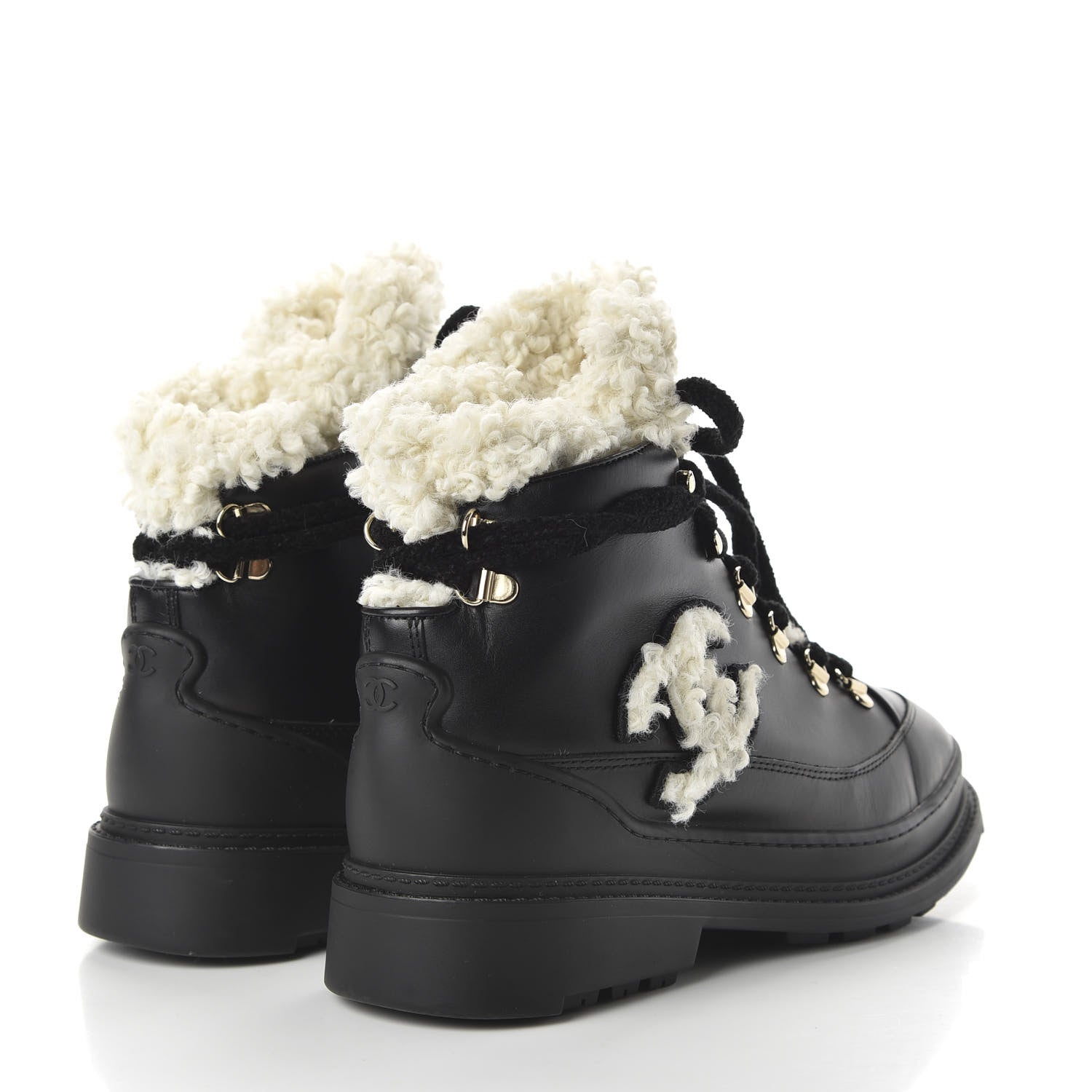 Chanel Calfskin Shearling CC Lace Up Boots 39.5 Black 4 of 7
