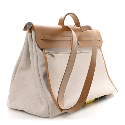 Hermes H Plume Canvas Vache Hunter Rayures d'Equipage Herbag Cabine Zip 50 Jaune Ecru Beige Gold 3 of 10