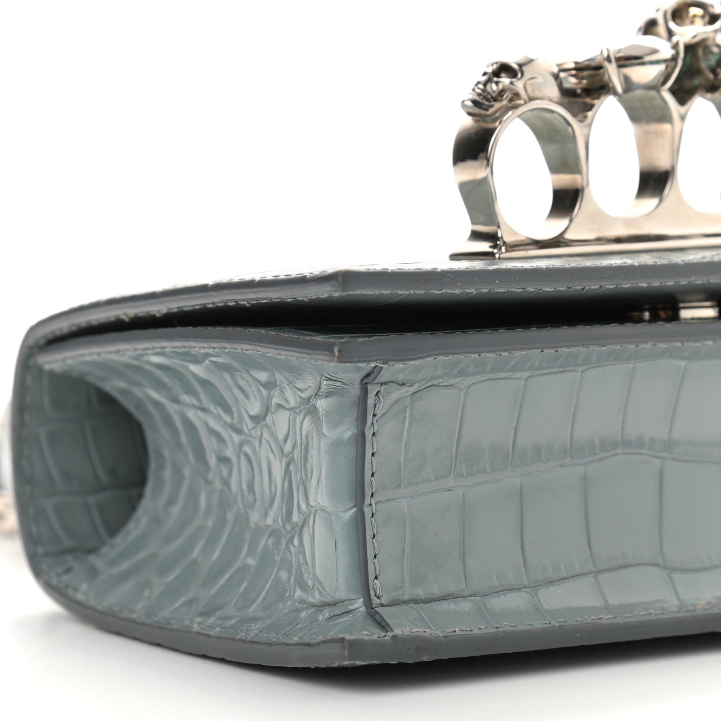 Shiny Crocodile Embossed Jeweled Satchel Blue Grey