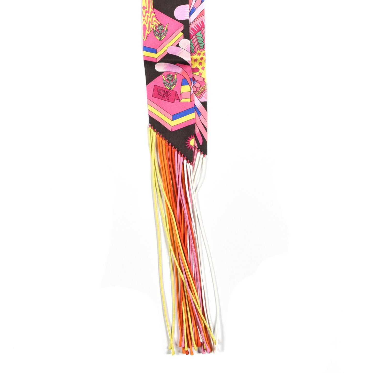 Silk La Source de Pegase Fringed Twilly Ebene Rose Vif Jaune Vif