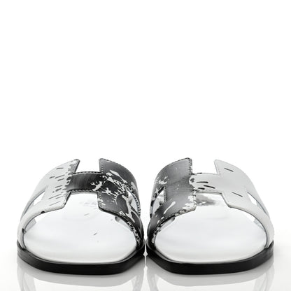 Hermes Calfskin Peinture Fraiche Oran Sandals 38 White Black 2 of 8