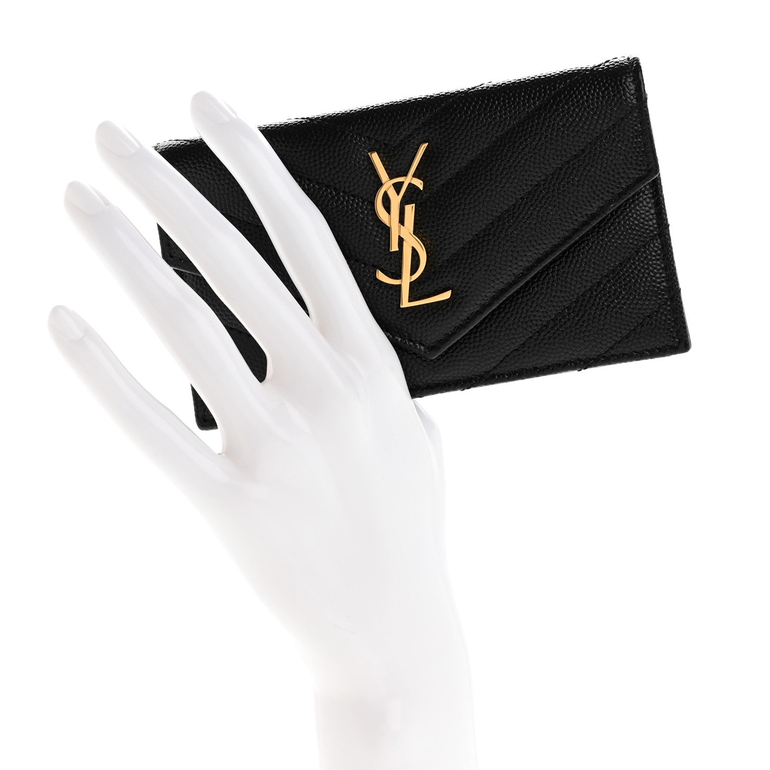 Saint Laurent Grain De Poudre Matelasse Chevron Monogram Compact Wallet Black 2 of 7