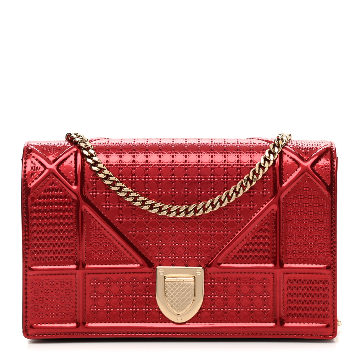 Christian Dior Metallic Patent Micro-Cannage Diorama Wallet on Chain Pouch Red 1 of 10