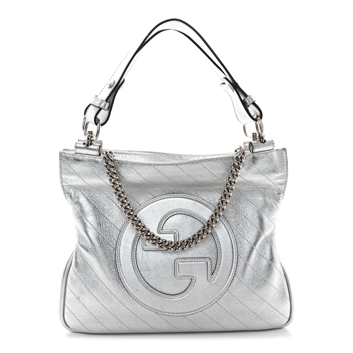 Sakai Be Green Calfskin Diagonal Stitched Small Blondie Tote Silver