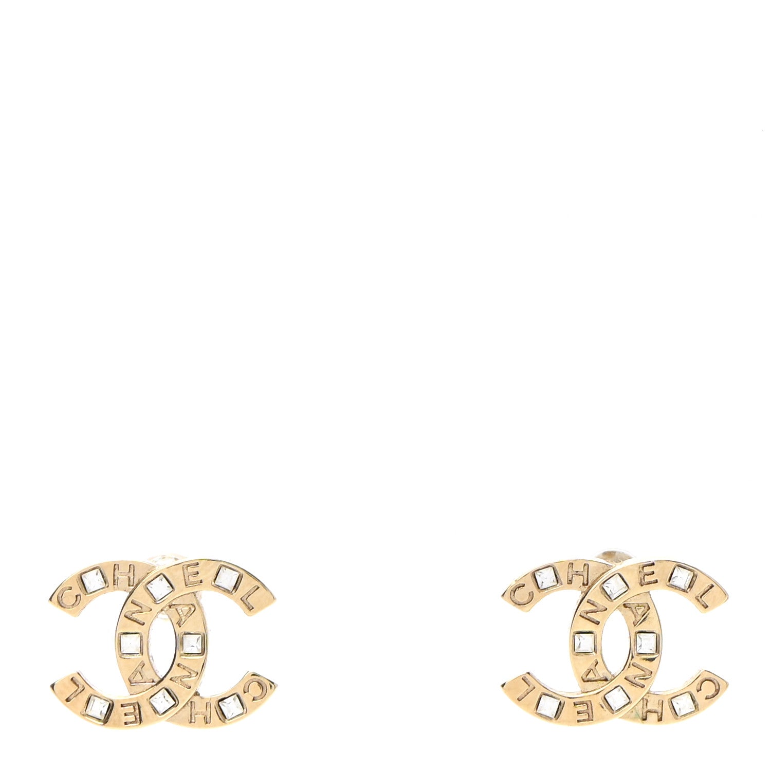 Chanel Crystal Metal CC Paris Button Stud Earrings Gold 1 of 5