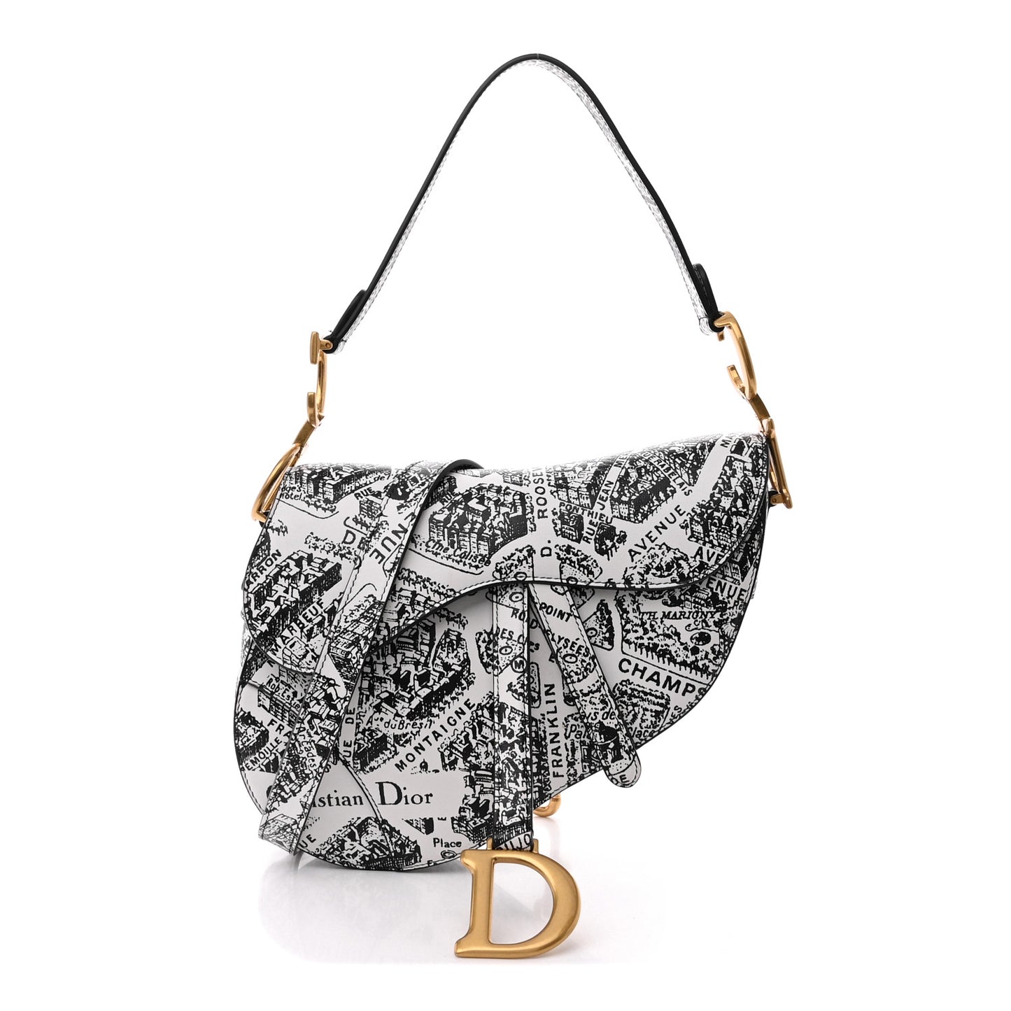 Calfskin Plan De Paris Printed Saddle Bag With Strap White Black