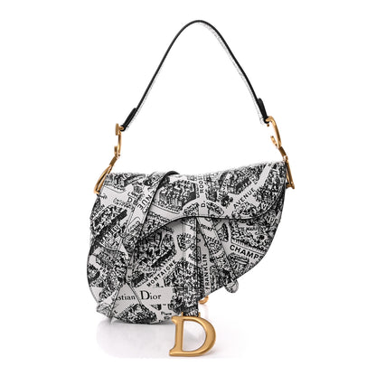 Christian Dior Calfskin Plan De Paris Printed Saddle Bag With Strap White Black 1 of 12