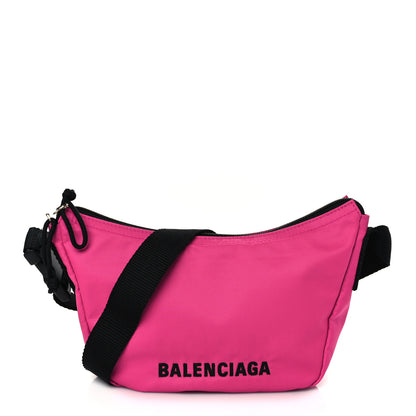 Balenciaga Recycled Sport Nylon Logo Embroidered Wheel Sling Bag Fluo Pink Black 1 of 5