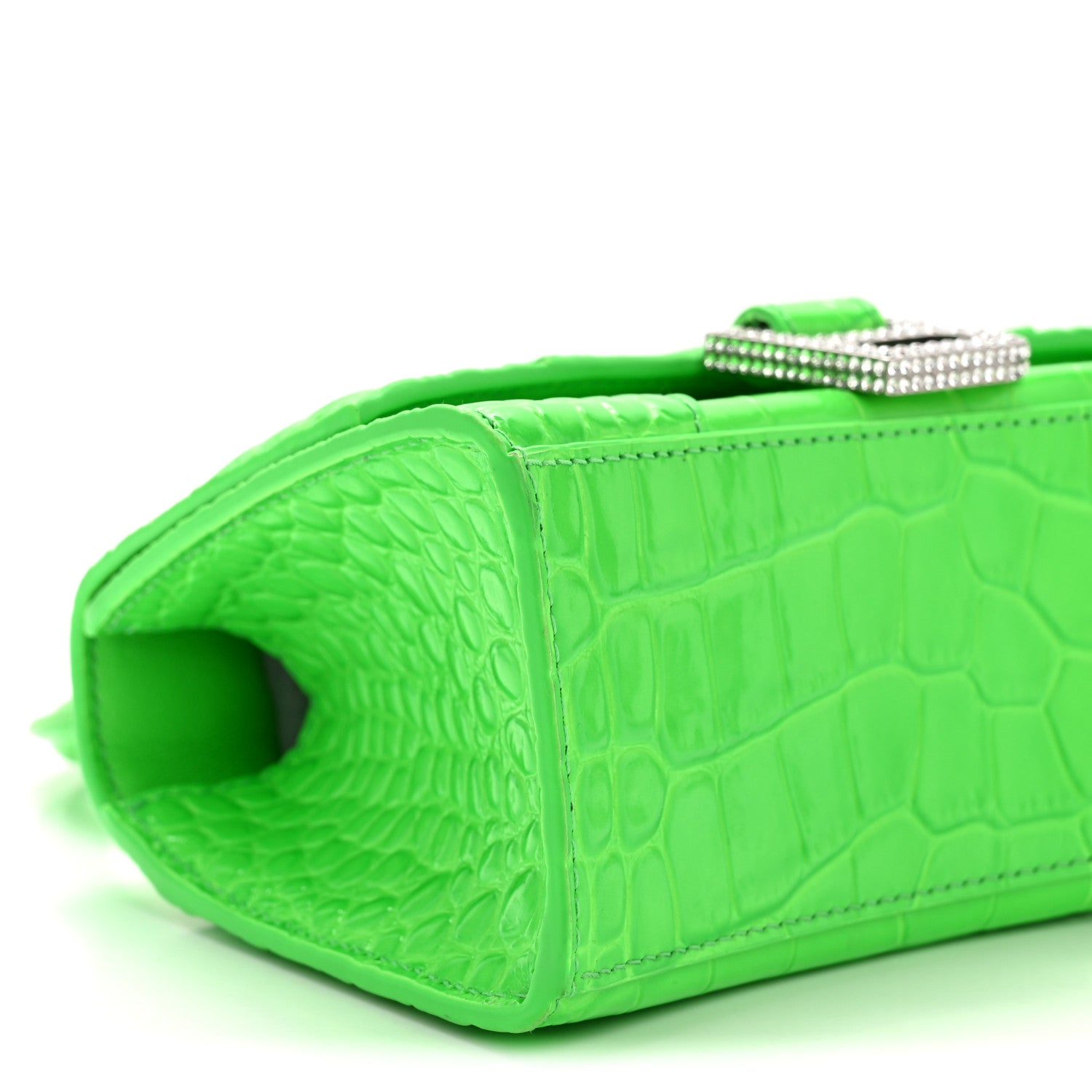 Balenciaga Shiny Calfskin Strass Crocodile Embossed Hourglass Top Handle Bag XS Fluo Green 9 of 14