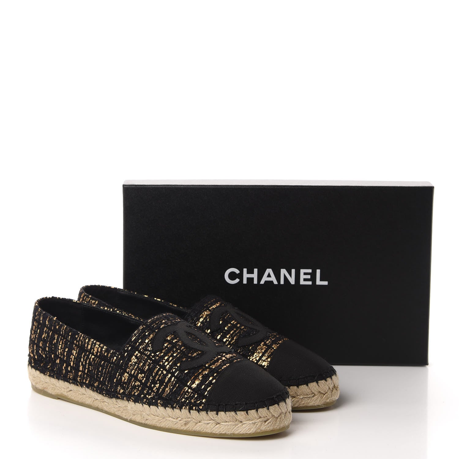 Chanel Metallic Tweed Grosgrain CC Espadrilles 40 Black Gold 12 of 12