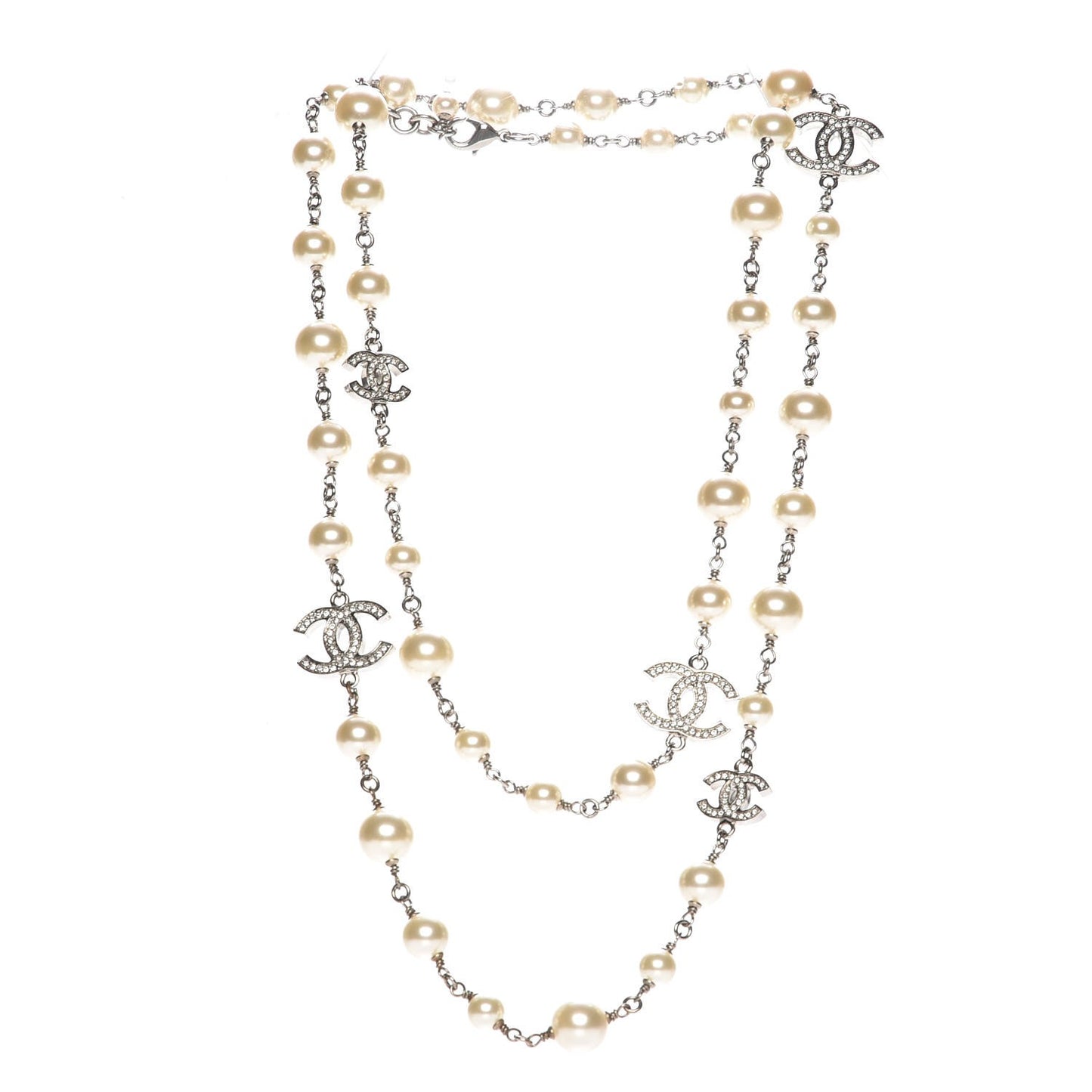 Crystal Pearl CC Long Necklace Silver