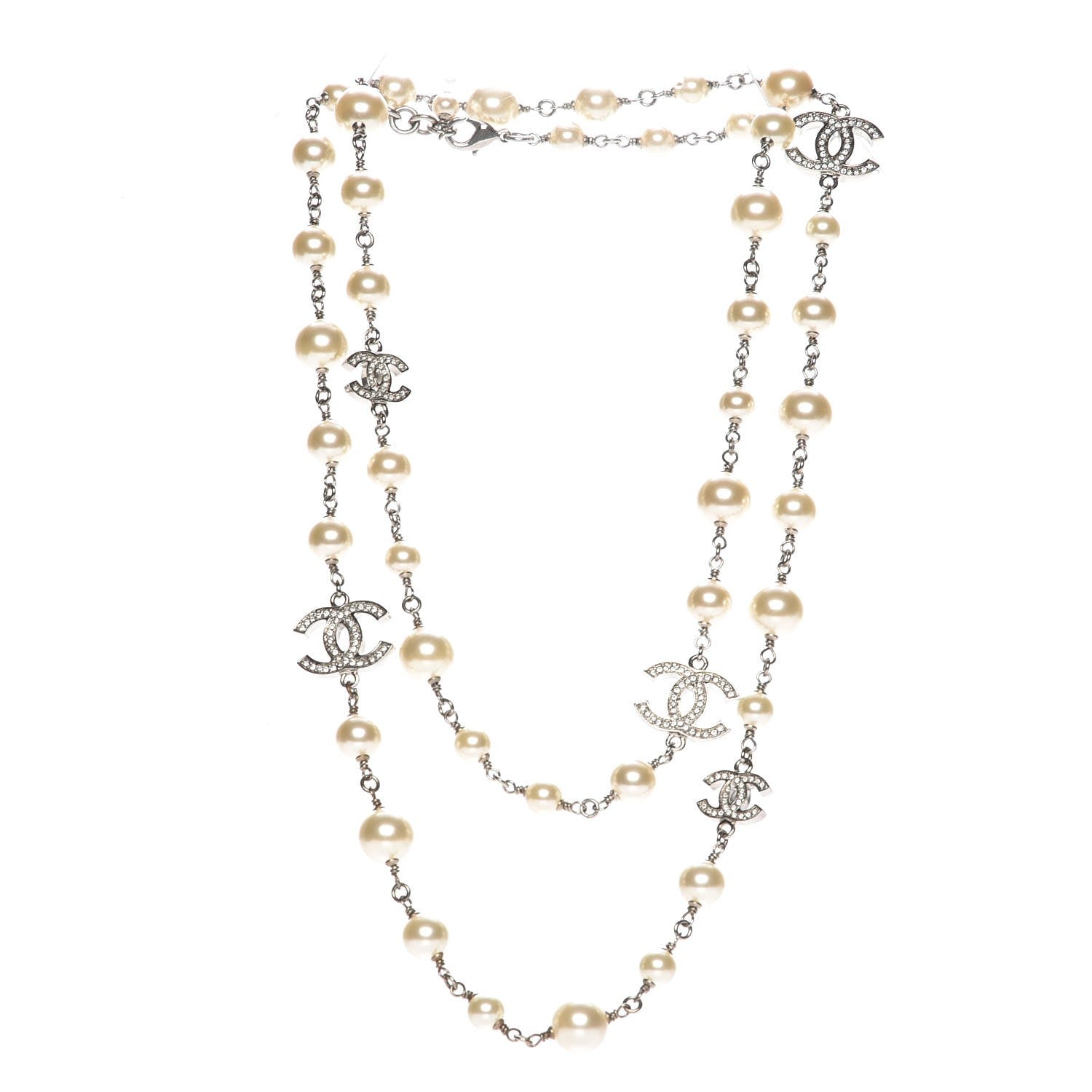 Chanel Crystal Pearl CC Long Necklace Silver 3 of 6