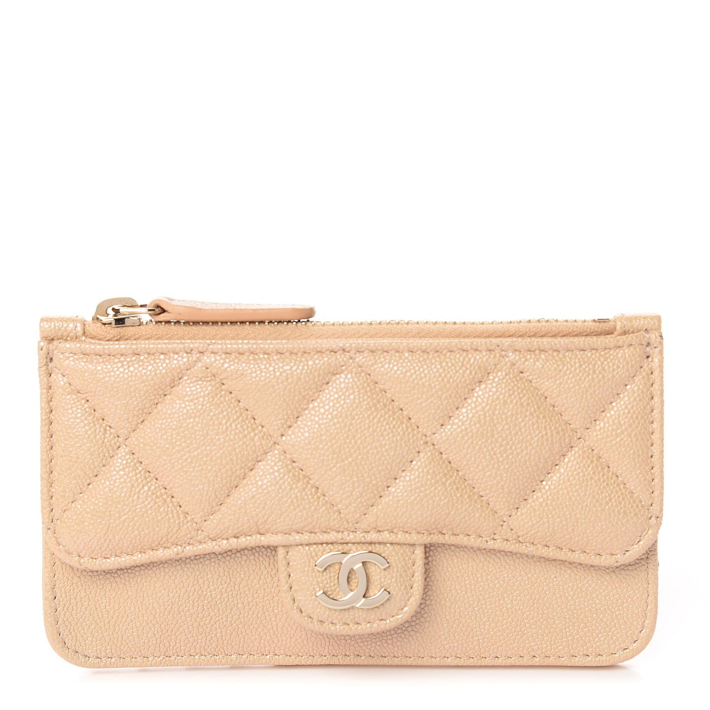 Iridescent Caviar Quilted Flap Zip Card Holder Beige