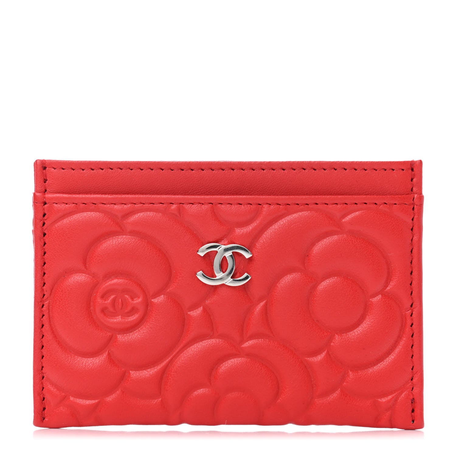 Chanel Lambskin Camellia Embossed Card Holder Red 1 of 4