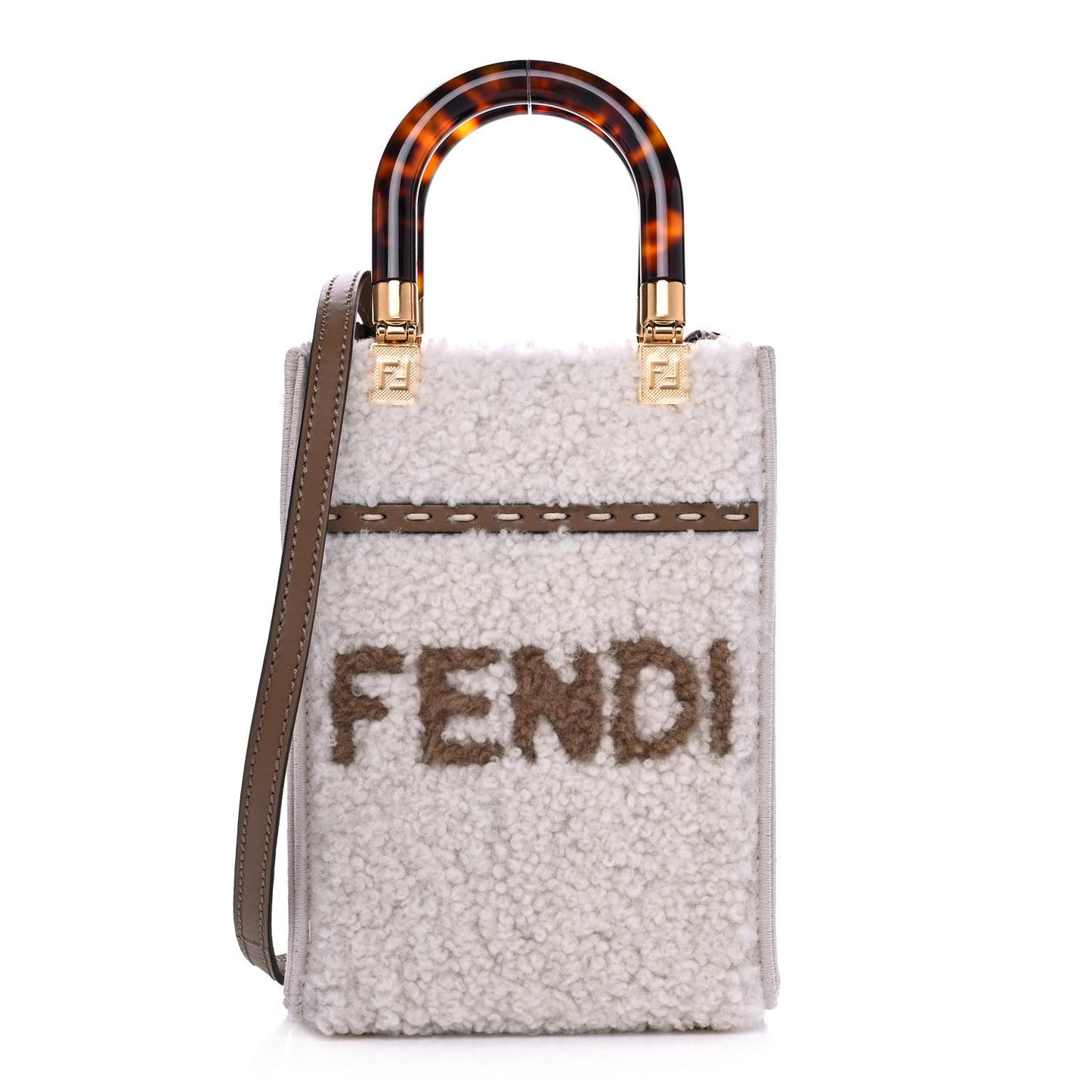 Shearling Vitello King Plexiglass Logo Mini Fendi Sunshine Shopper Tote White