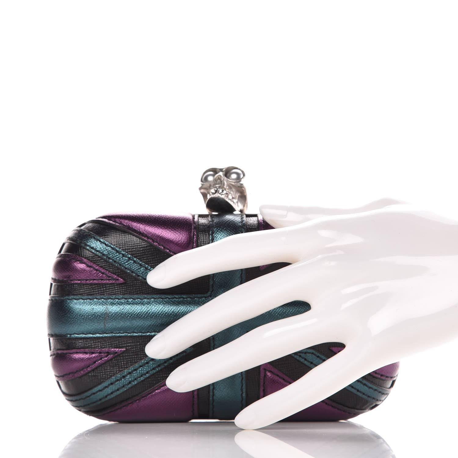 Alexander McQueen Metallic Saffiano Britannia Skull Box Clutch Green Black Purple 2 of 9