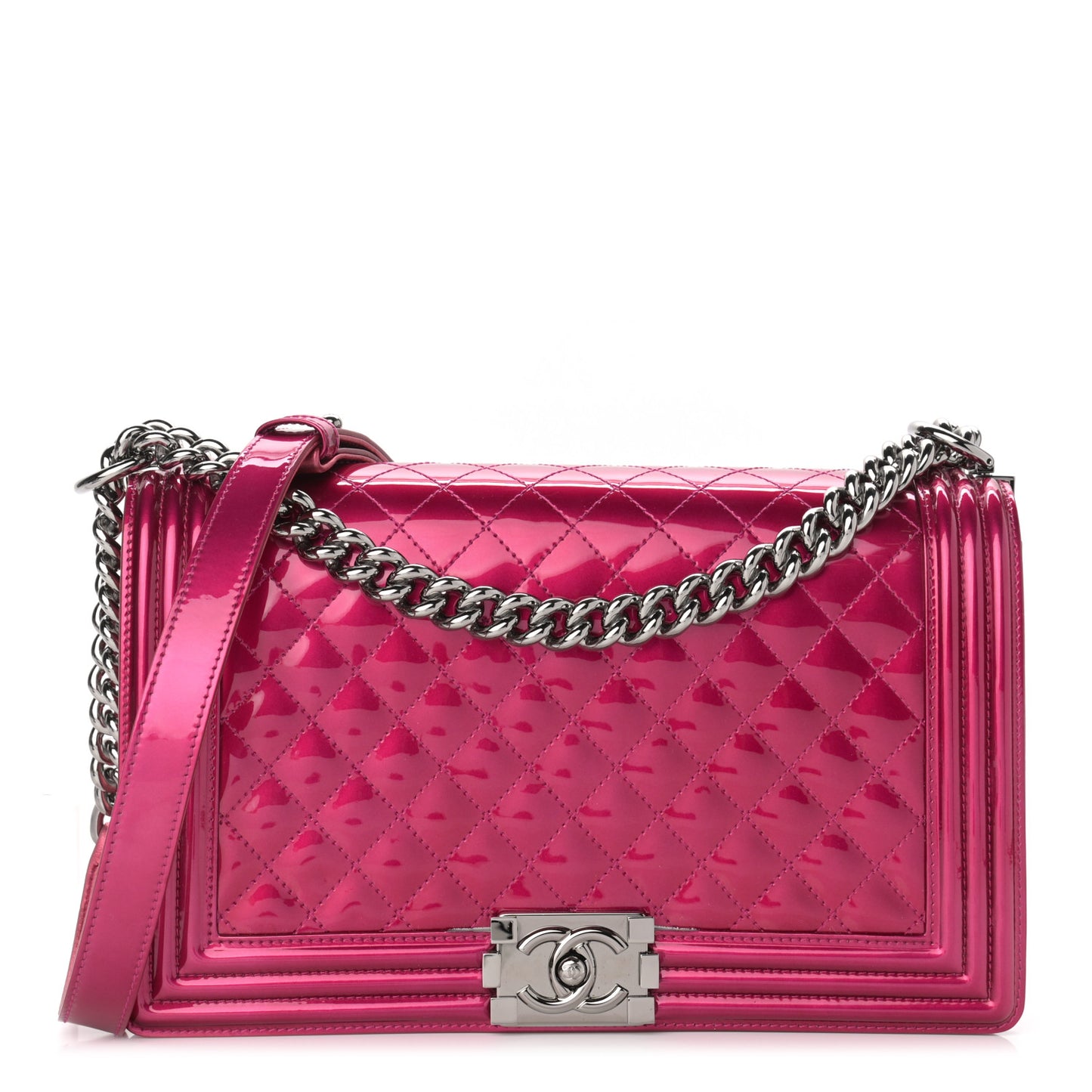 Metallic Patent Quilted New Medium Boy Flap Fuchsia