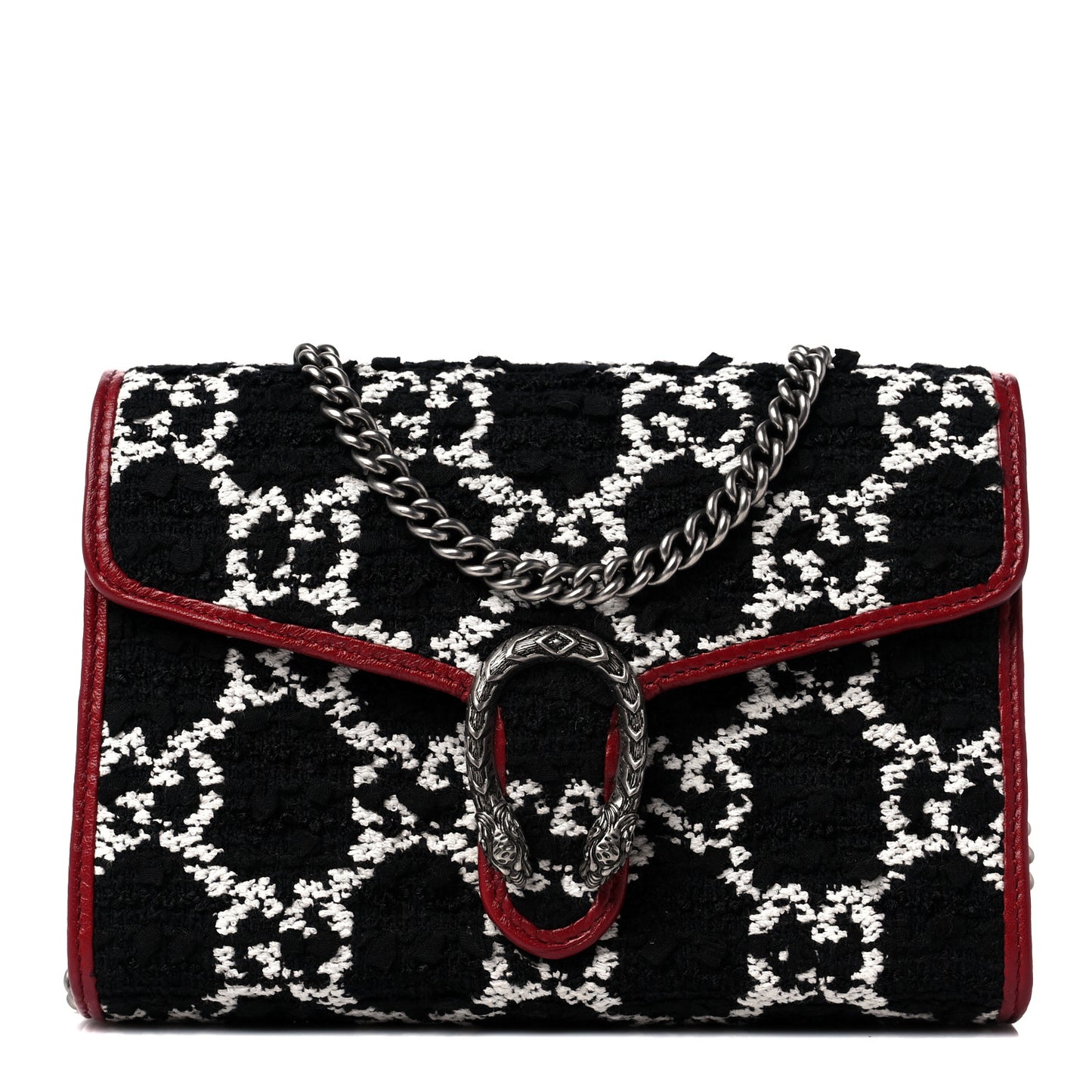 Tweed GG Monogram Mini Dionysus Chain Wallet Black White Romantic Cherry