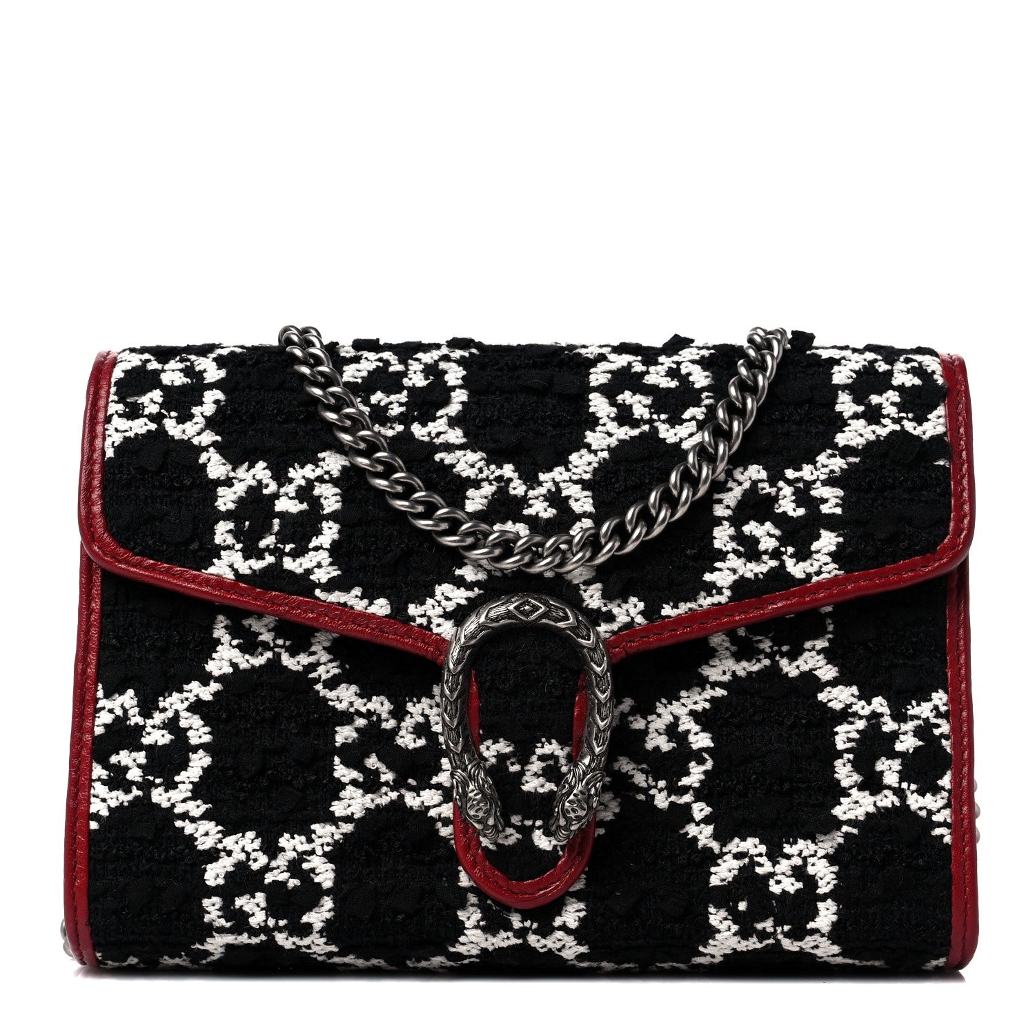 Gucci Tweed GG Monogram Mini Dionysus Chain Wallet Black White Romantic Cherry 1 of 8