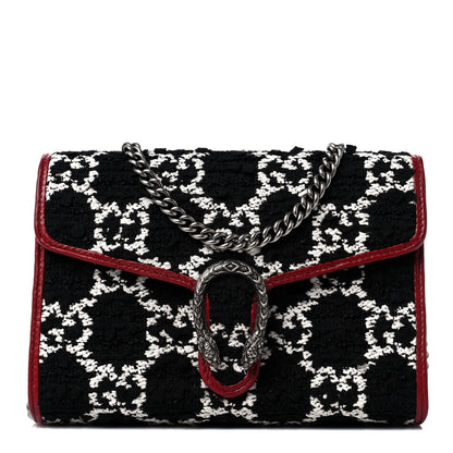 Gucci Tweed GG Monogram Mini Dionysus Chain Wallet Black White Romantic Cherry 1 of 8