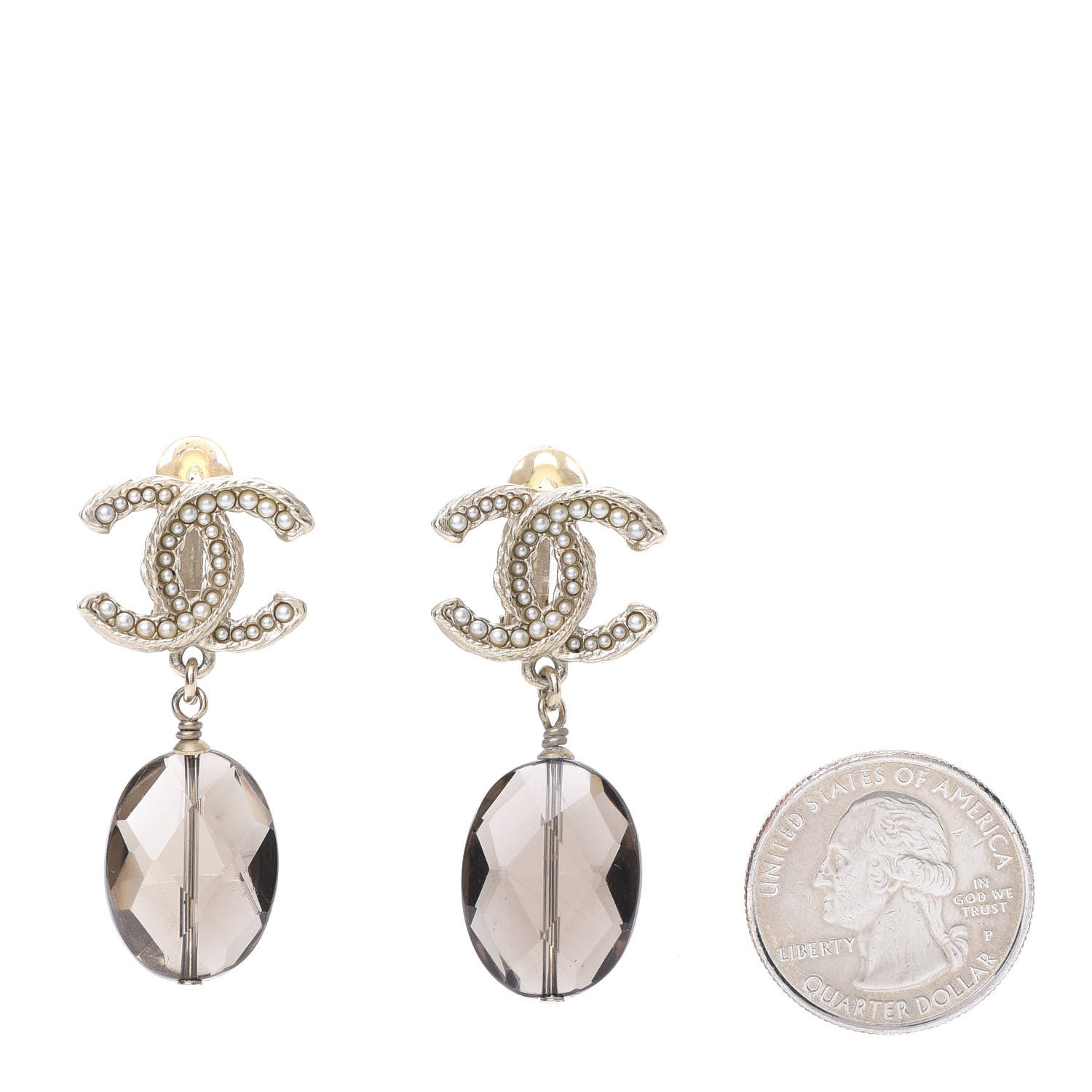 Chanel Pearl Crystal CC Dangle Clip On Earrings Light Gold 2 of 4