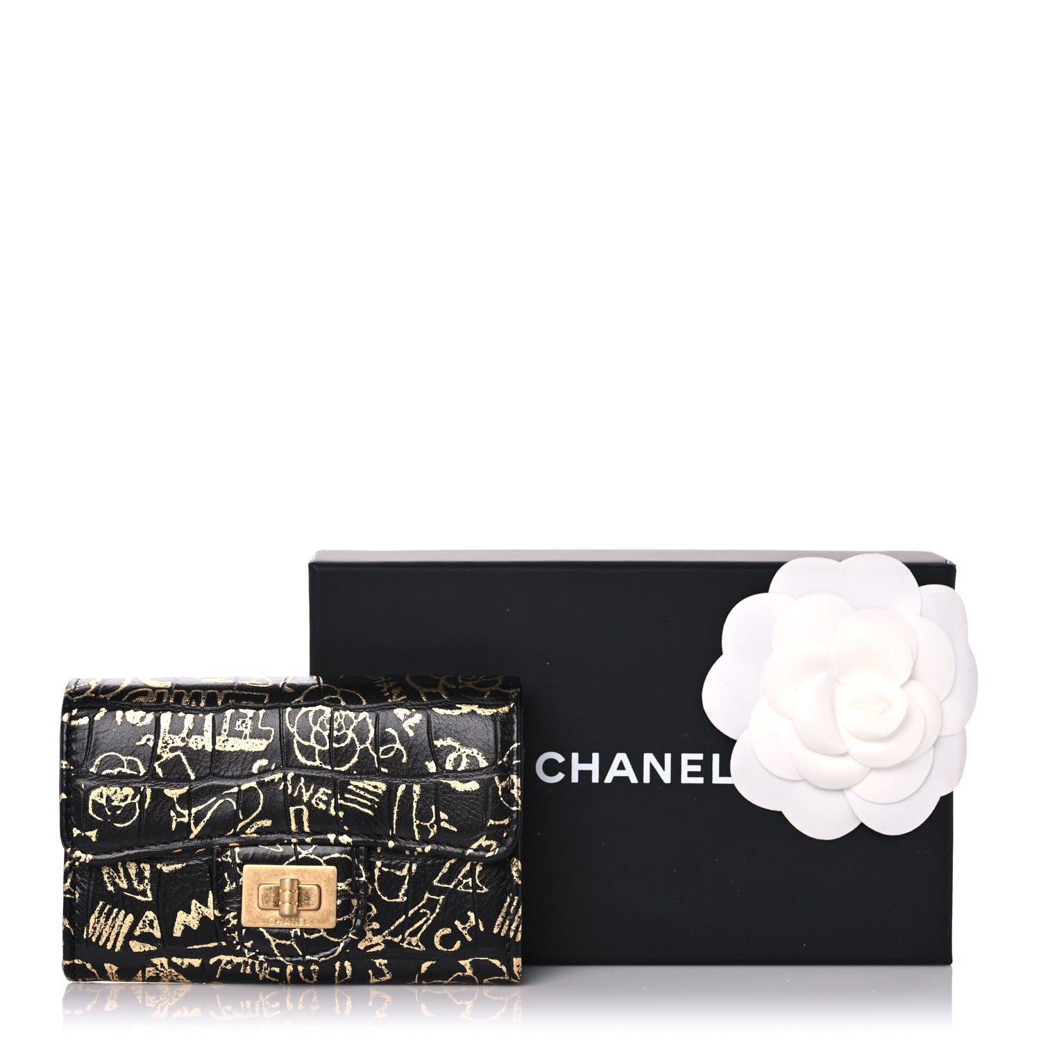 Chanel Calfskin Crocodile Embossed Graffiti 2.55 Cocodile Reissue Flap Card Holder Black Gold 11 of 11