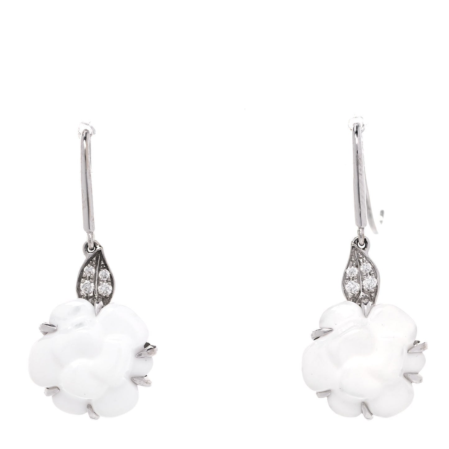 18K White Gold Diamond White Agate Camellia Earrings