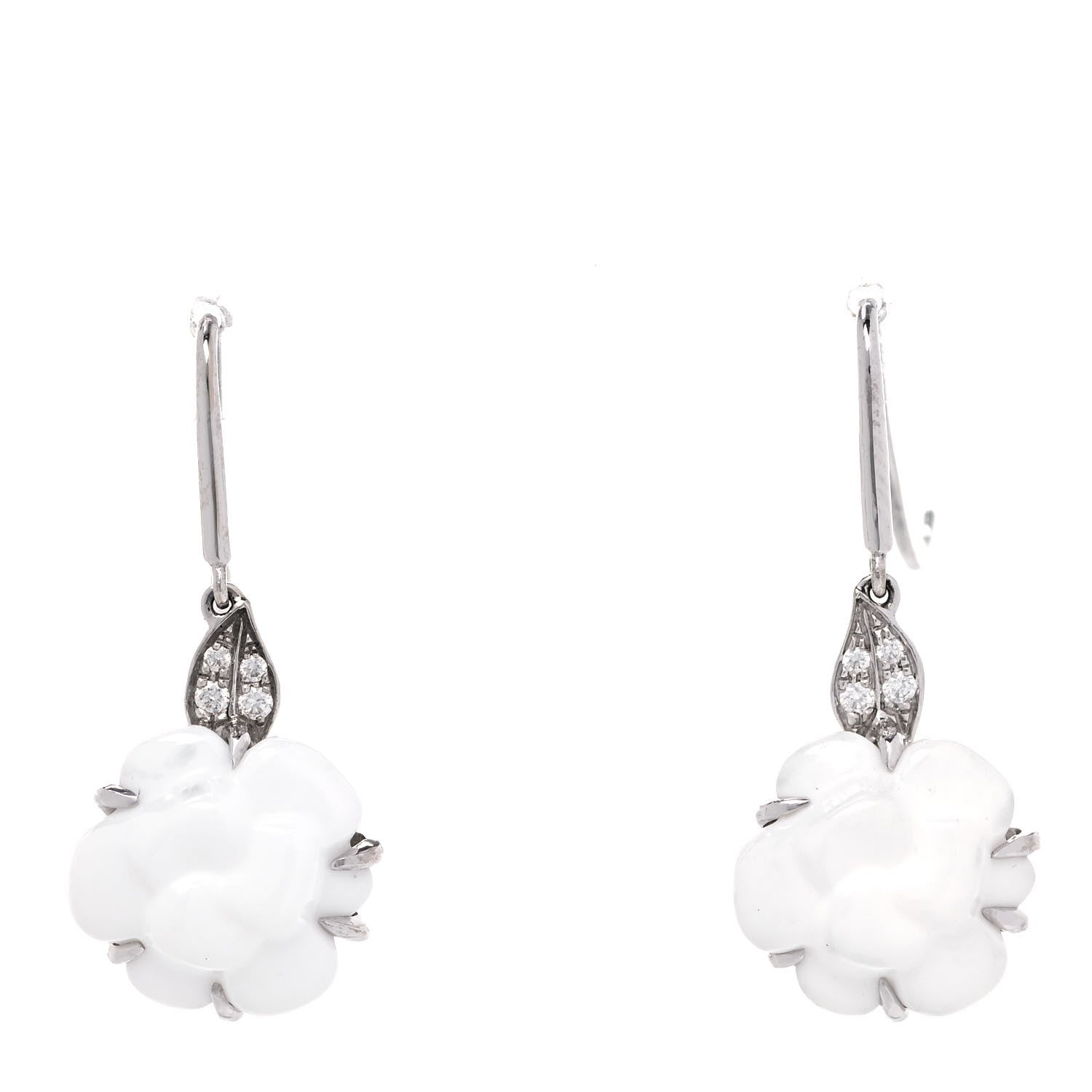 Chanel 18K White Gold Diamond White Agate Camellia Earrings 1 of 5