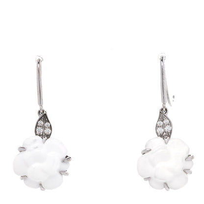 Chanel 18K White Gold Diamond White Agate Camellia Earrings 1 of 5