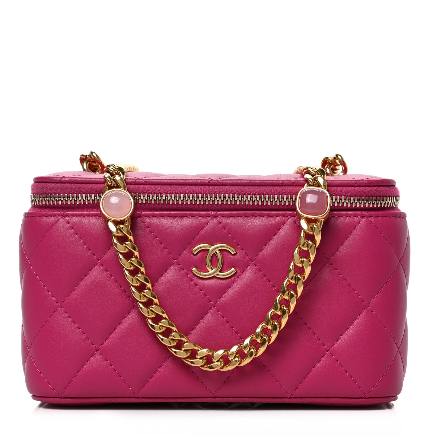 Lambskin Resin Quilted Vanity Case With Chain Fuchsia
