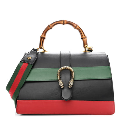 Gucci Calfskin Bamboo Web Large Dionysus Top Handle Bag Black Bright Evergreen Hibiscus Red 1 of 17