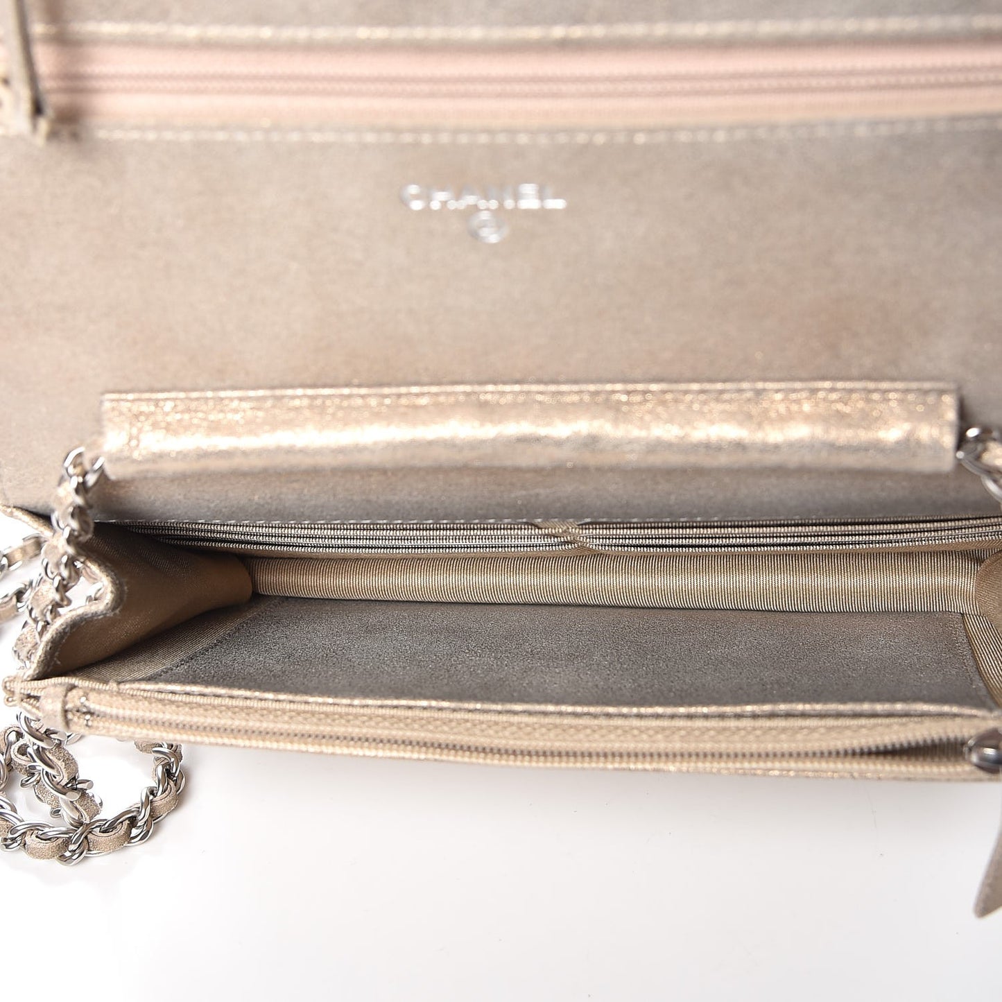 Iridescent Calfskin Quilted Wallet on Chain WOC Gold