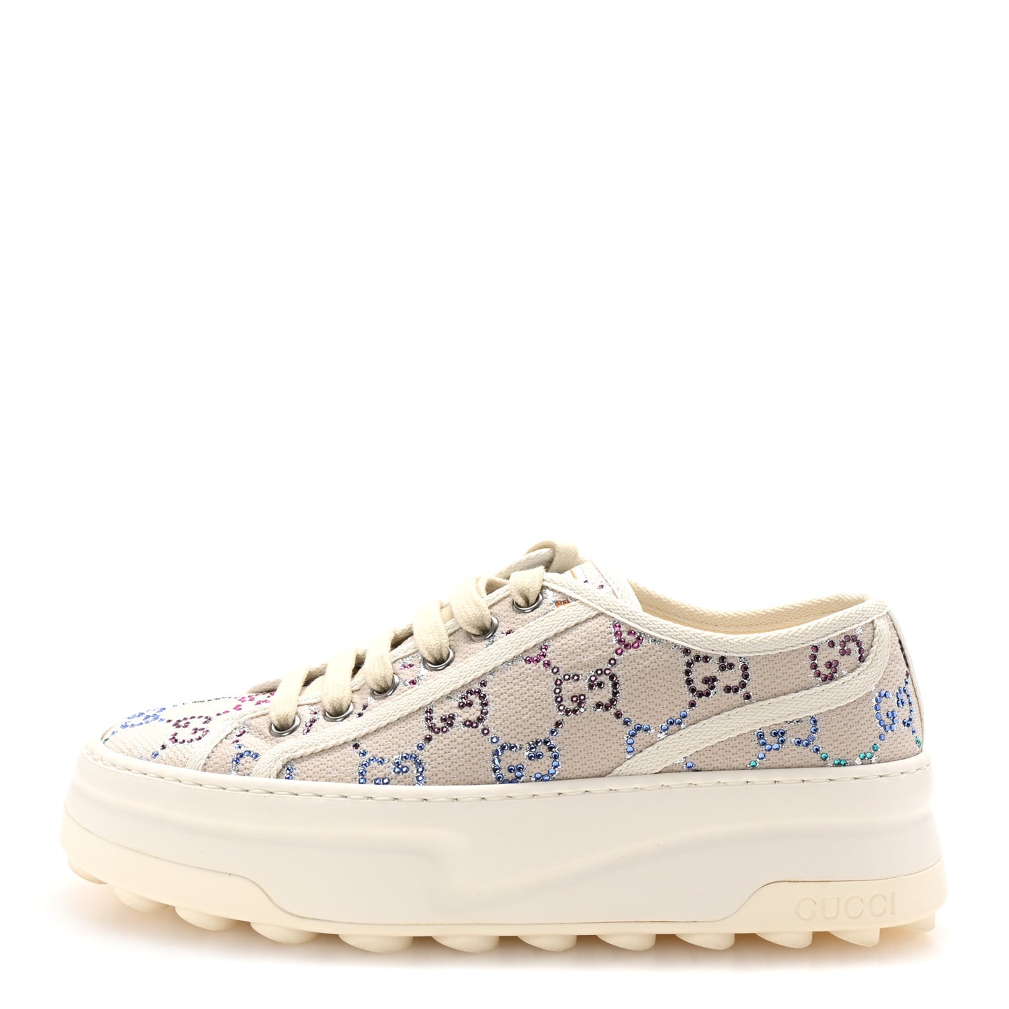 Canvas Lame Crystal GG Monogram Womens 1977 Tennis Sneakers 37.5 Gardenia Silver Mystic White