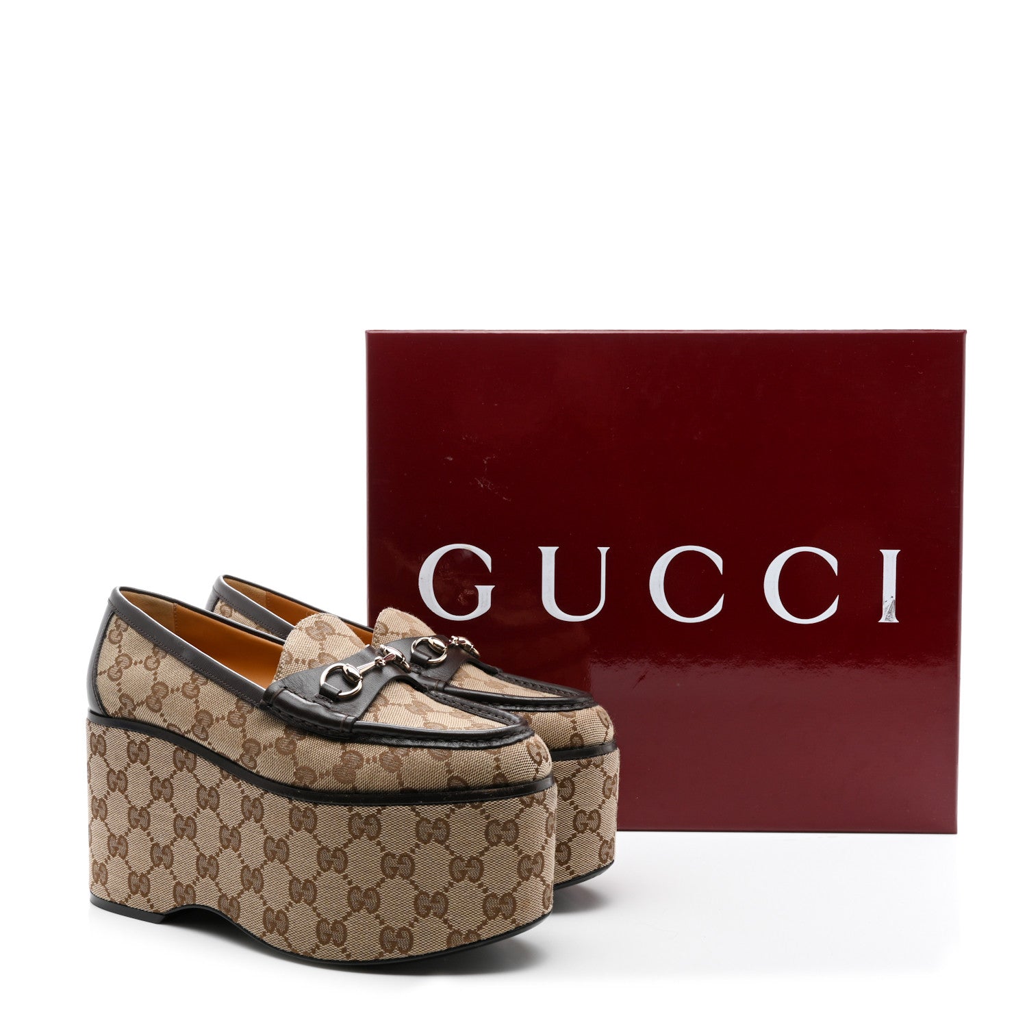Gucci Canvas GG Monogram Womens Horsebit Platform Loafers 37 Beige Ebony Cocoa 10 of 10