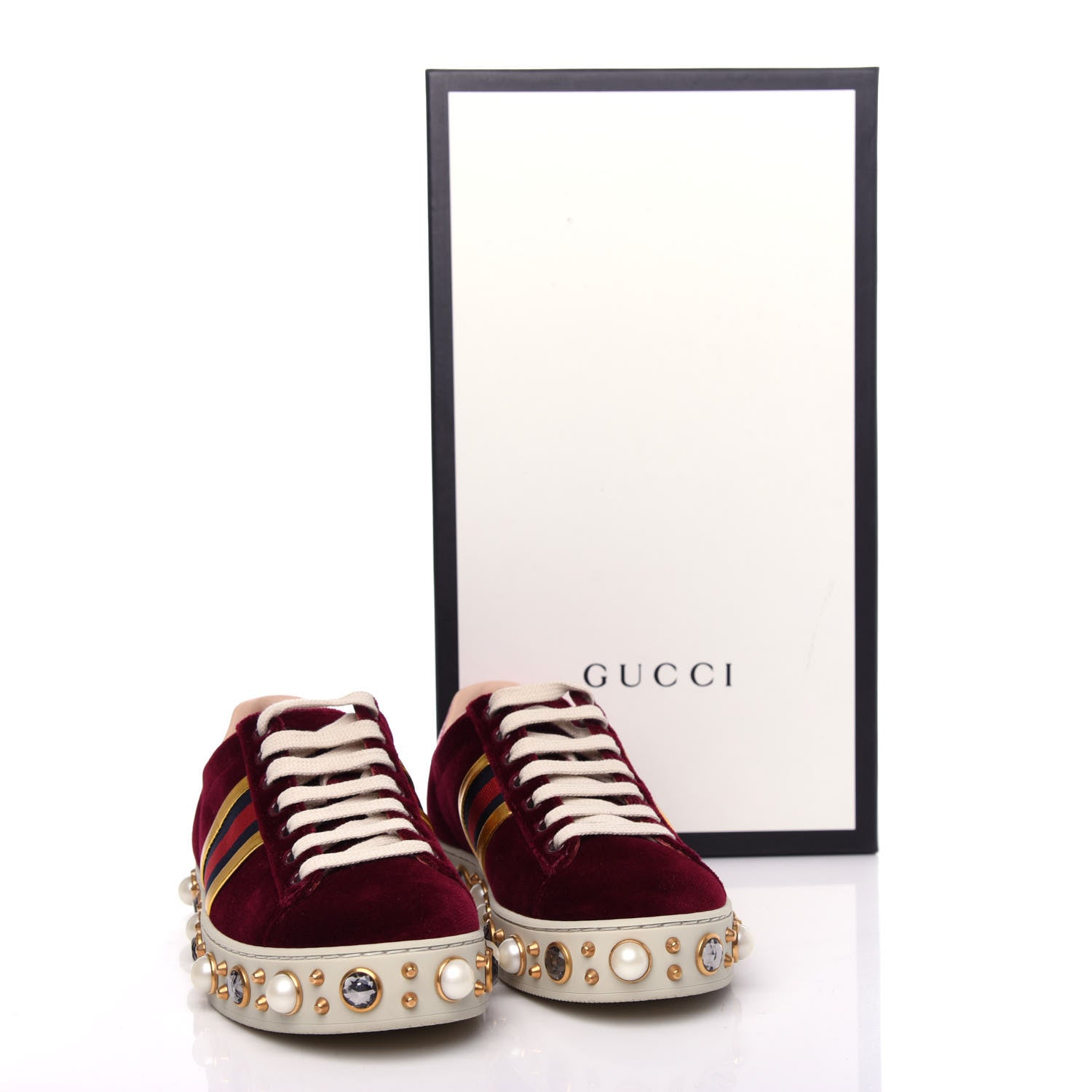 Gucci Velvet Ayers Web Faux Pearl Embellished Womens New Ace Sneakers 35 Malbec Oro Vecchio 11 of 11