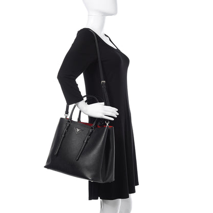 Prada Saffiano Cuir Medium Double Handle Tote Black Fuoco 2 of 13