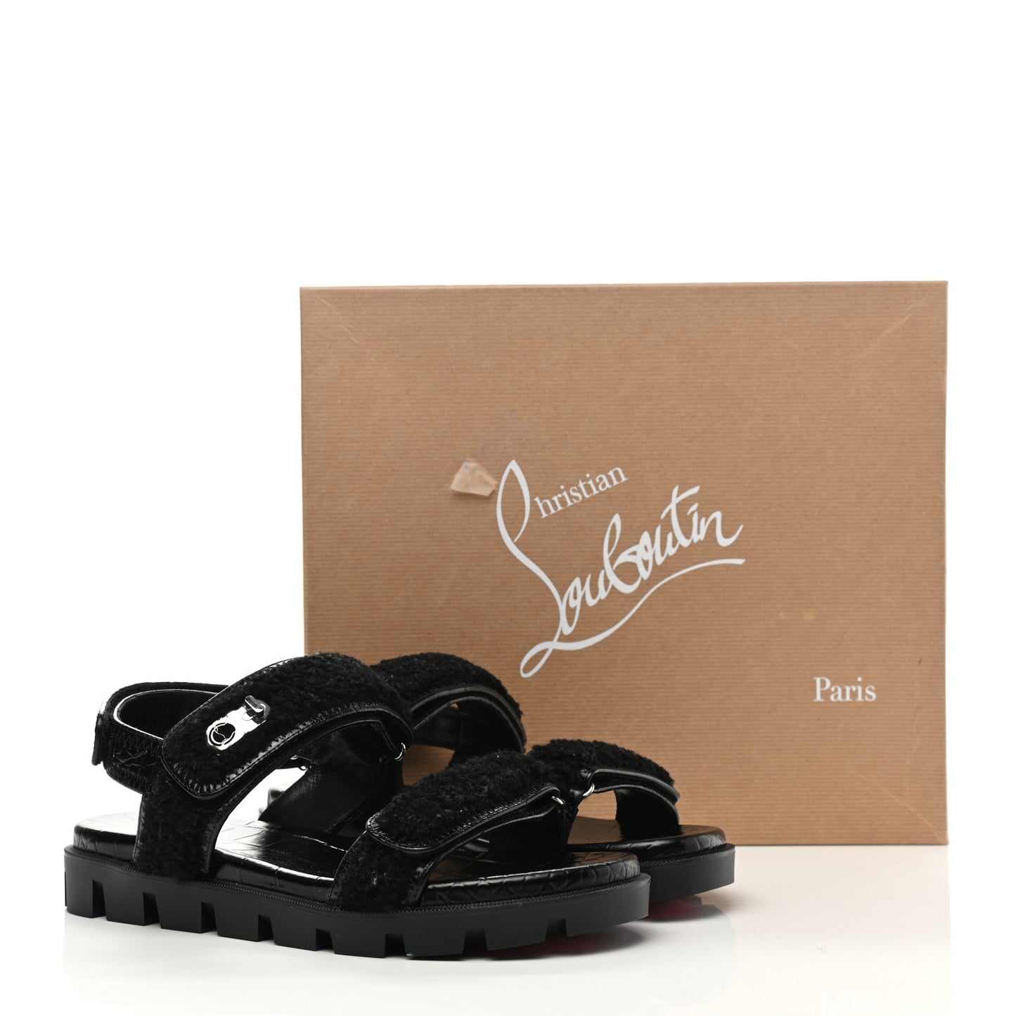 Calfskin Crocodile Embossed Lock Wool Flat Sandals 39 Black
