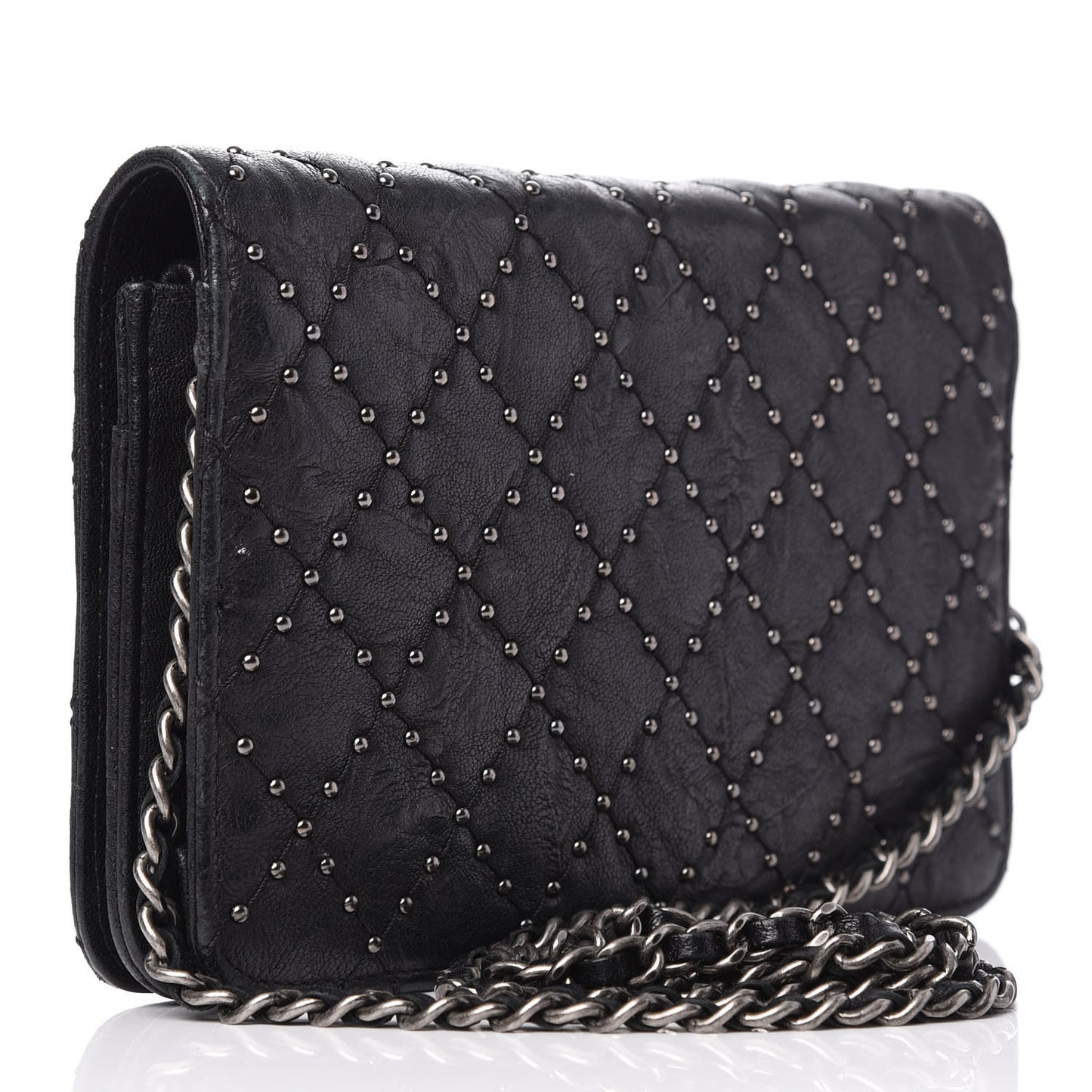 Crumpled Lambskin Studded Paris Dallas Wallet On Chain WOC Black