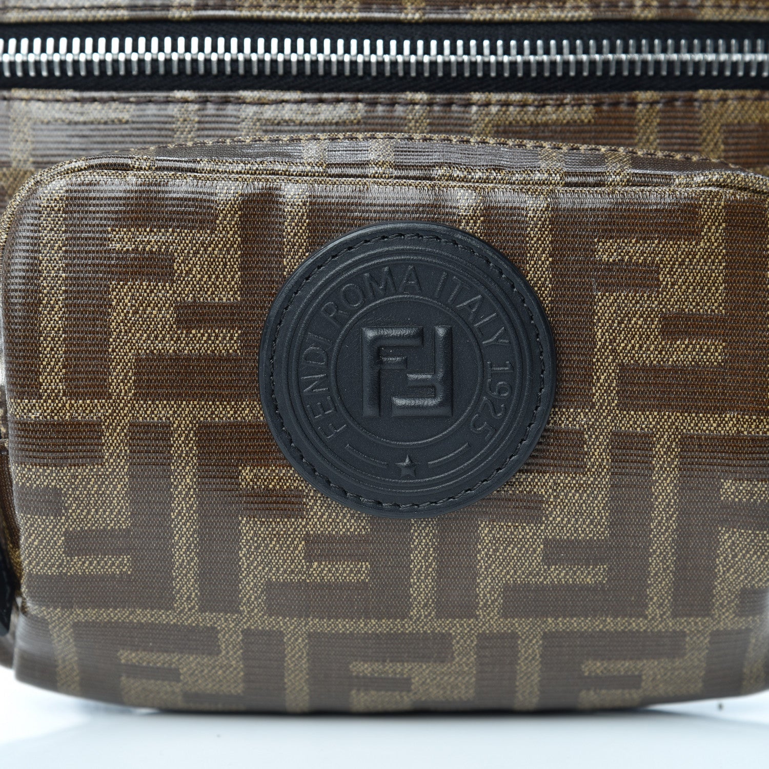 Fendi Glazed Fabric Vitello Century FF 1974 Stamp Patch Pocket Belt Bag Mogano Panna Black 8 of 10