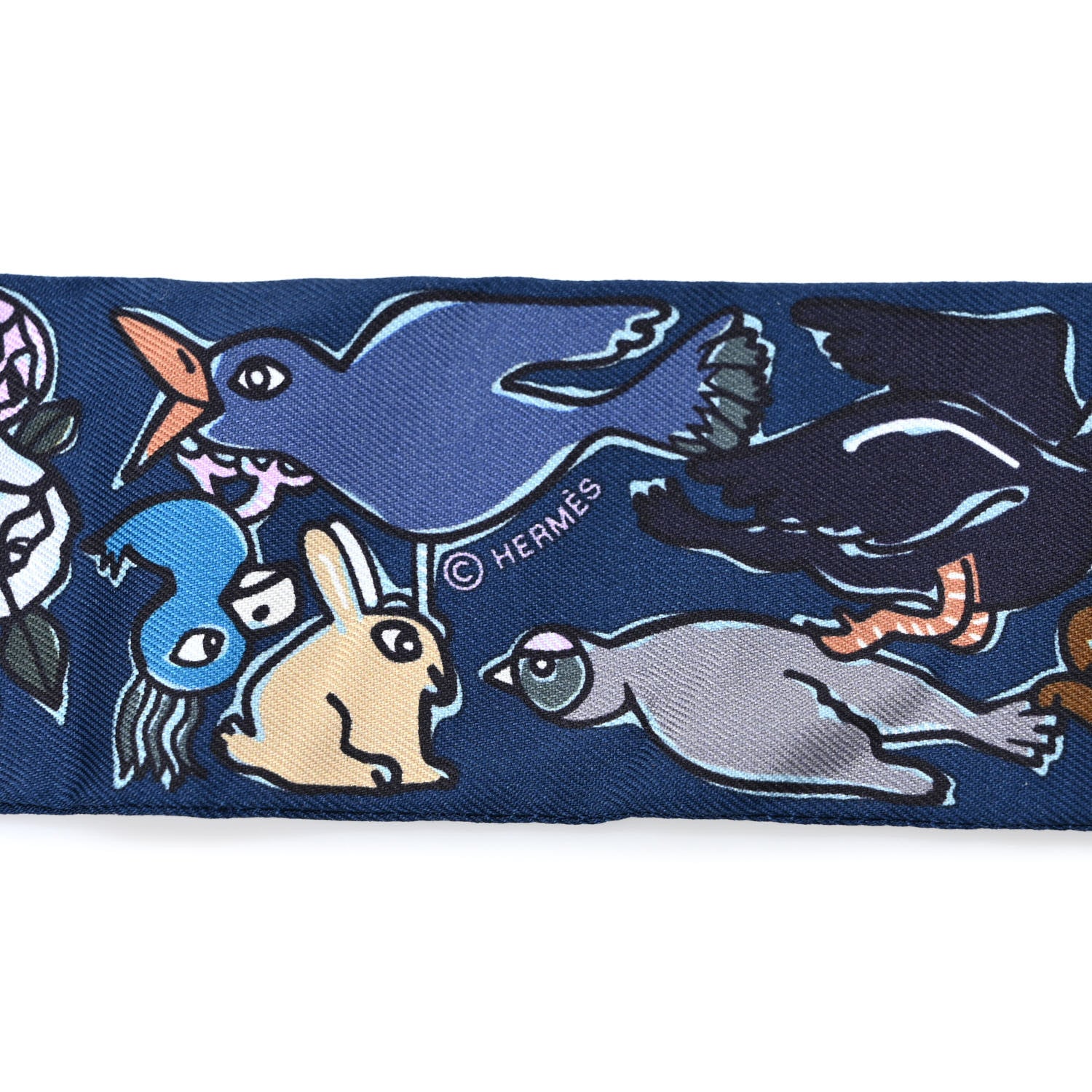 Hermes Silk Mille Et Un Lapins Twilly Marine Cobalt Miel 3 of 4